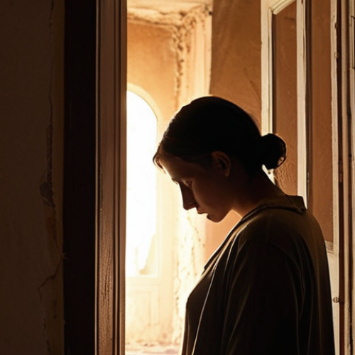 Home 6 **Image Prompt 1:** A person stands in a softly lit, somewhat diffused indoor space, their back slightly turned, looking towards a muted window. The air around them shimmers with abstract, fractured light, symbolizing invisible psychological wounds and the silent struggle after trauma. A subtle, warm glow emanates from a distant, open doorway, representing the courage to acknowledge pain and the first step towards seeking professional help. The mood is introspective yet hopeful, with delicate Italian architectural details in the background.