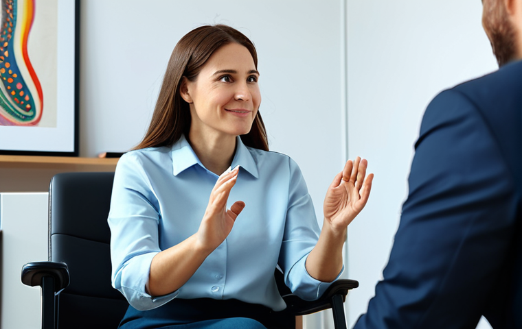 **

A compassionate psychologist, fully clothed in professional attire, actively listening to a woman in modest clothing, sitting in a comfortable chair in a brightly lit office with calming artwork on the walls.  The woman is expressing her emotions with gentle gestures. Focus on the empathetic connection and a safe, supportive environment. Safe for work, appropriate content, professional, perfect anatomy, correct proportions, well-formed hands, proper finger count, natural body proportions.

**