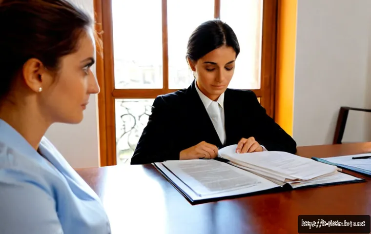 범죄 피해자 법적 대처 사례 - Photorealistic Italian crime victim legal support consultation, a concerned adult woman seated with ...