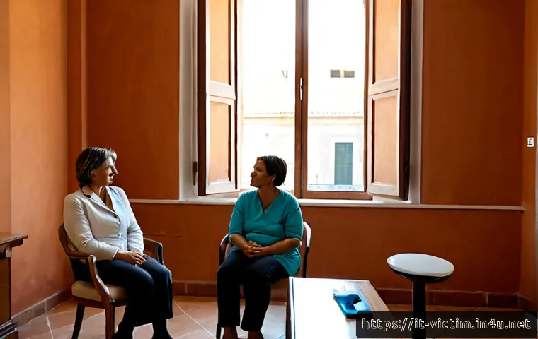 범죄 피해자 회복을 위한 치료법 연구 - Photorealistic trauma recovery therapy research scene in a welcoming Italian counseling clinic, comp...